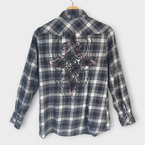 🦜 Harley Davidson Woman's Plaid Pearl Snap Rhinestone Logo Shirt Sz M